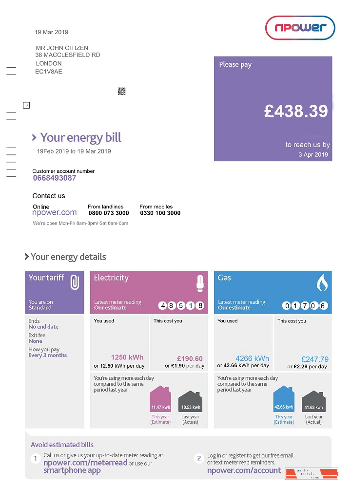 United Kingdom Npower utility bill template, fully editable in PSD format